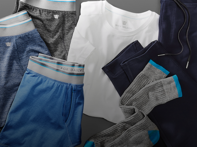 Lay down of Mack Weldon boxer briefs, crew neck t-shirt, sweatpant, and socks