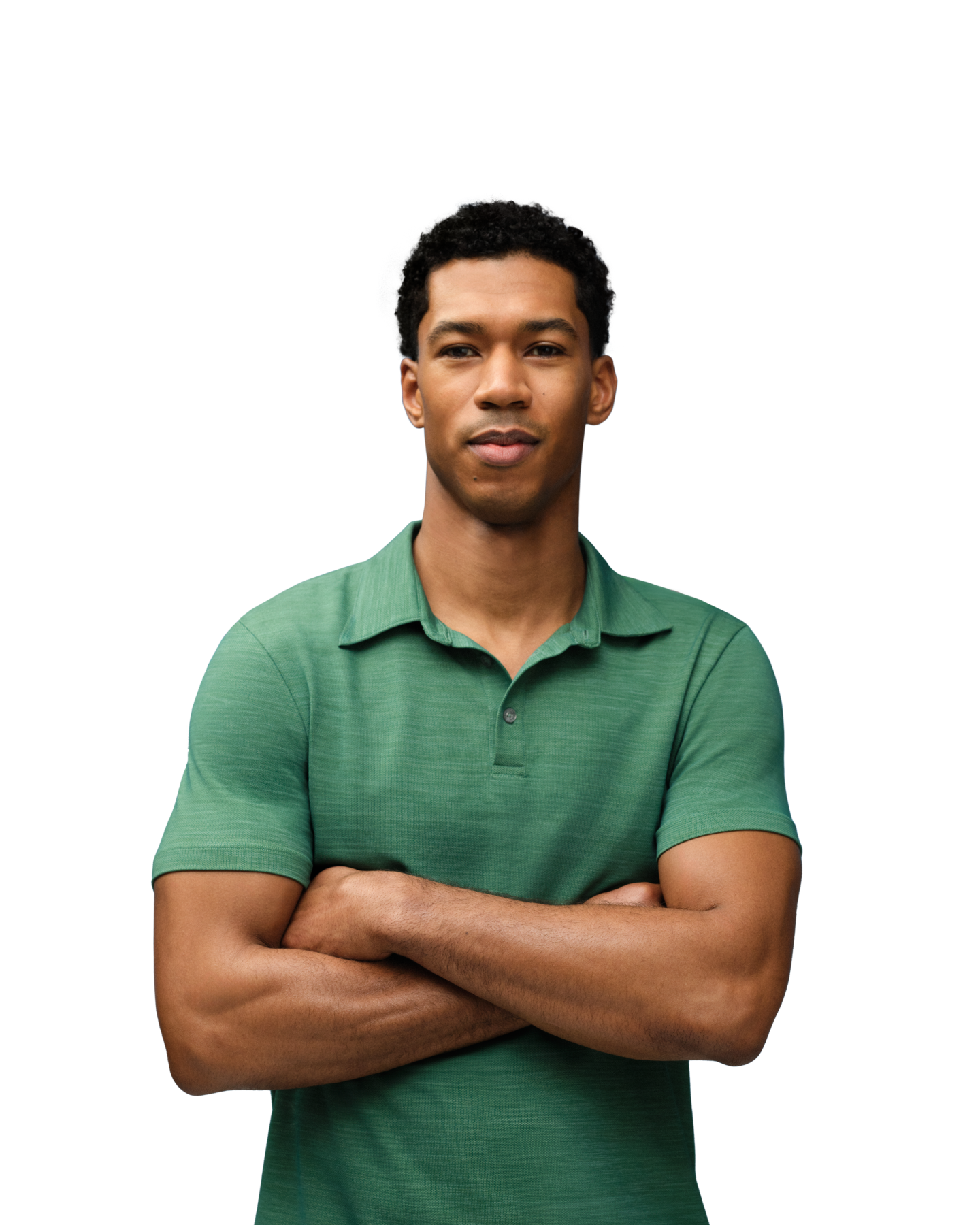 Image of a man crosses his arms in front of his chest and is wearing a green AIKNITx polo